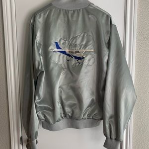Vintage Satin Bomber Jacket with Embroidered Airplane. Excellent Condition.